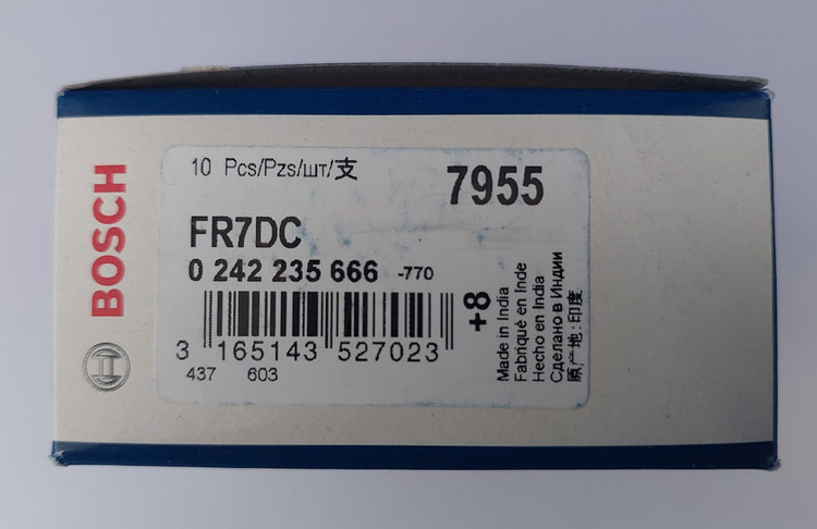 شمع بوش مثبت 8 هند پایه کوتاه FR7DC+ 7955 اصلی